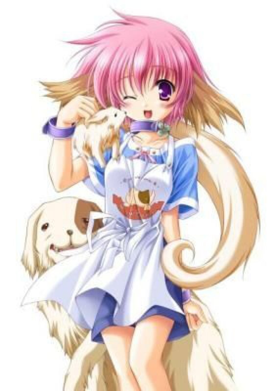 pink-haired girl with pets