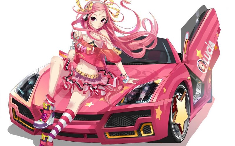 pink-haired girl with pink car