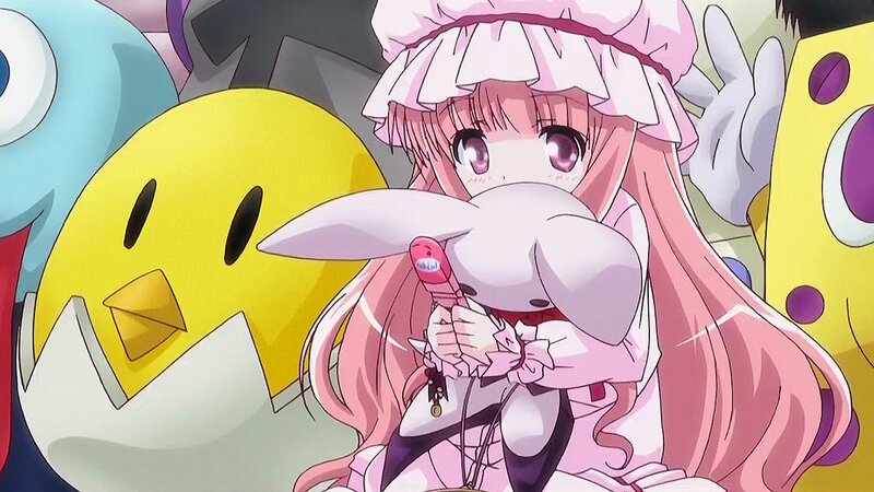 pink-haired girl with plush toy