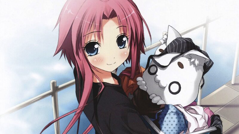 pink-haired girl with plush toy