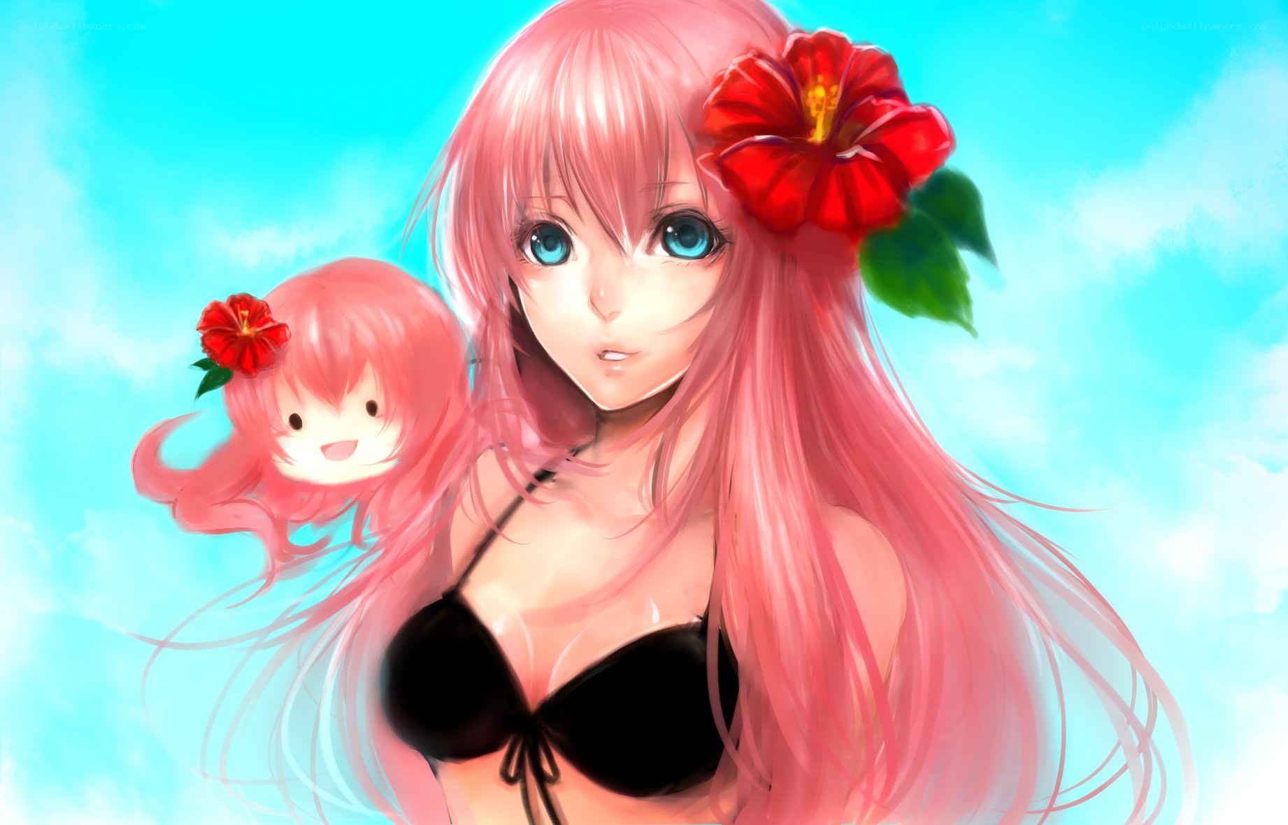Pink-haired girl with red flower