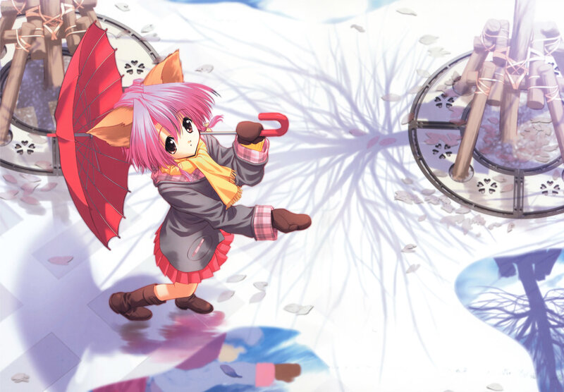 pink-haired girl with red umbrella
