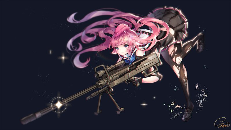 Pink-haired Girl with Rifle — Black, Dramatic, Night