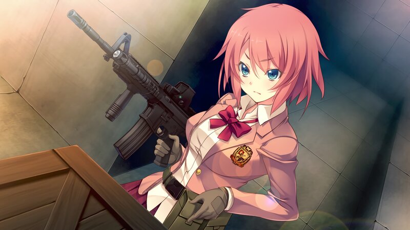 Pink-haired Girl with Rifle — Pink, Dramatic, Anime, School Uniform