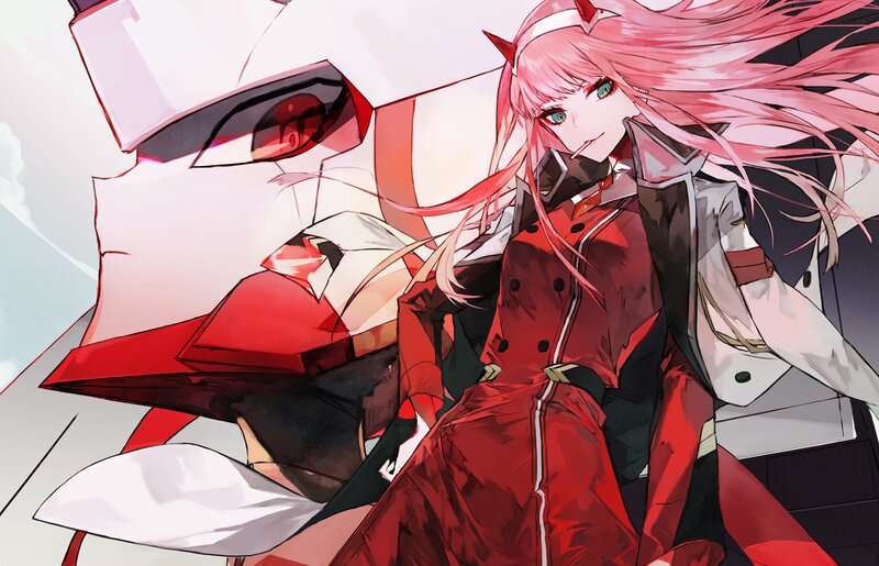 Pink-haired Girl with Robot — Red, Dramatic, Anime, Long Hair