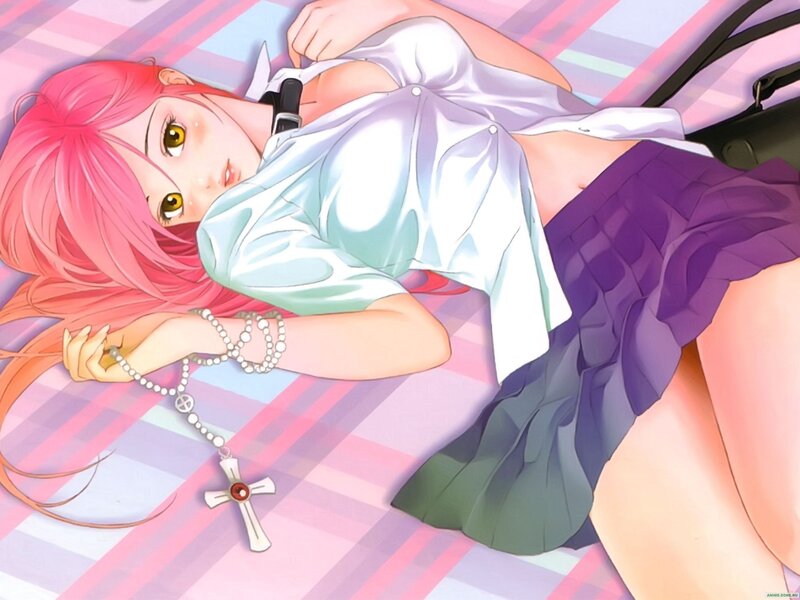 pink-haired girl with rosary