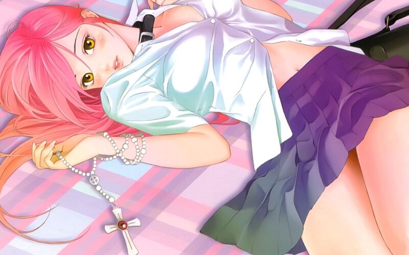 pink-haired girl with rosary