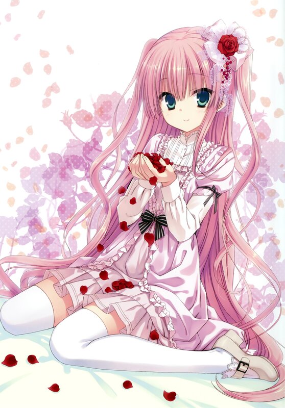 pink-haired girl with rose petals