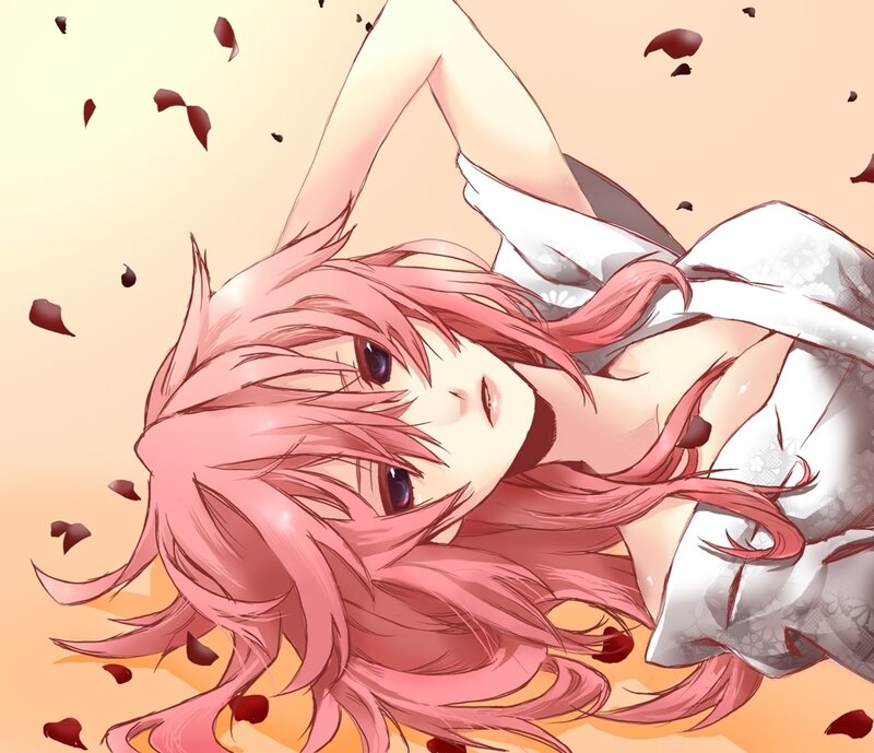 pink-haired girl with rose petals