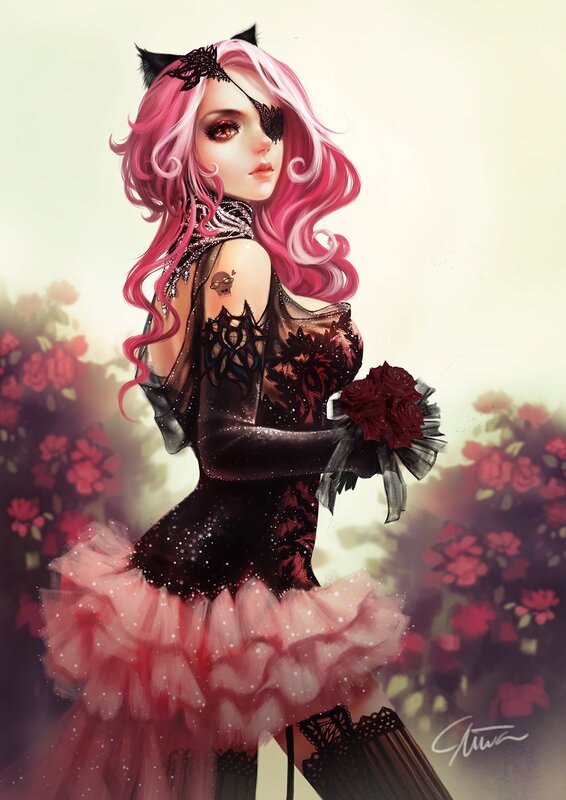 pink-haired girl with roses