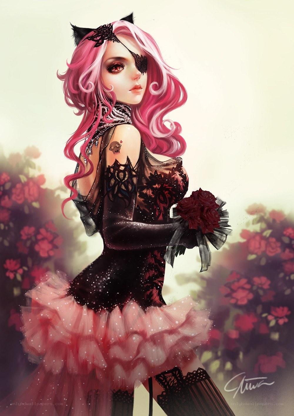 pink-haired girl with roses