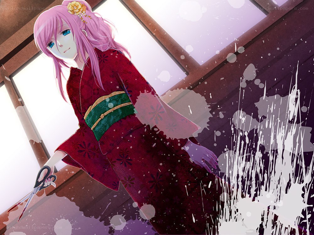 Pink-haired girl with scissors
