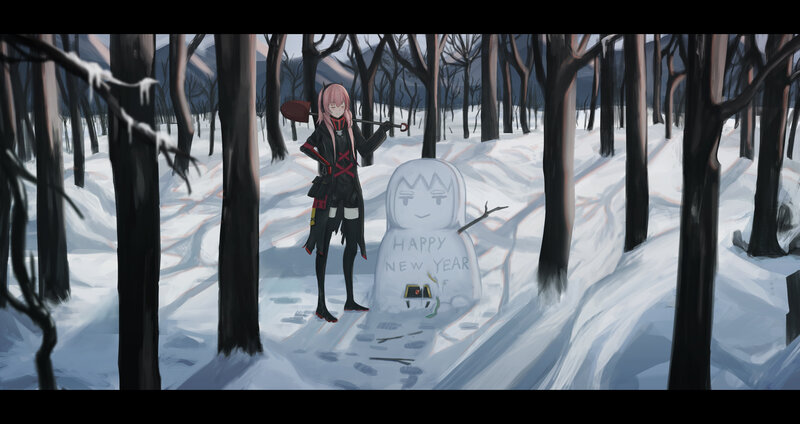 Pink-haired Girl with Snowman