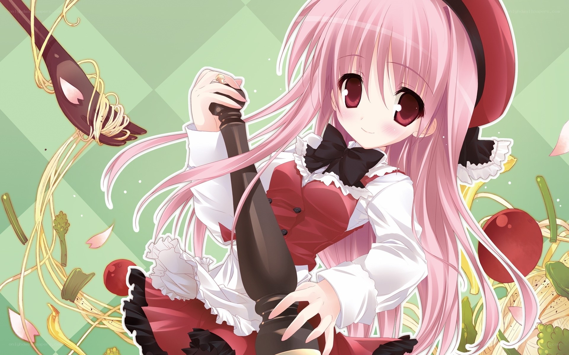 pink-haired girl with spaghetti