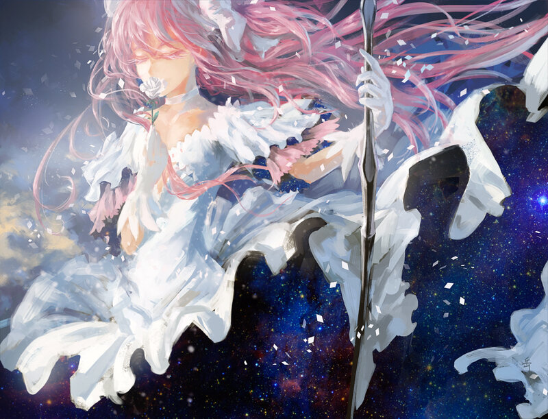 Pink-haired Girl with Staff — White, Dramatic
