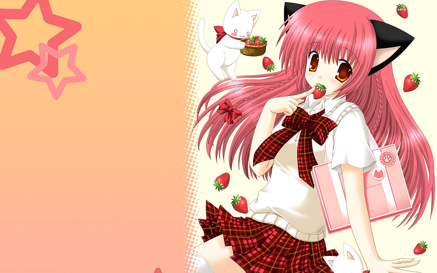 pink-haired girl with strawberries