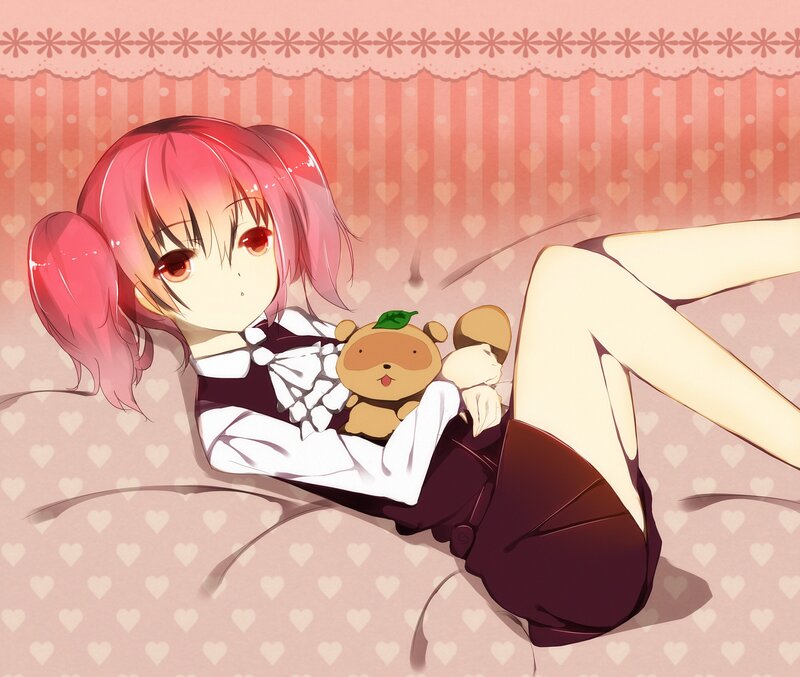 Pink-haired girl with stuffed animal