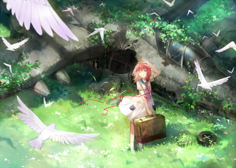 Pink-haired Girl with Suitcase — Green