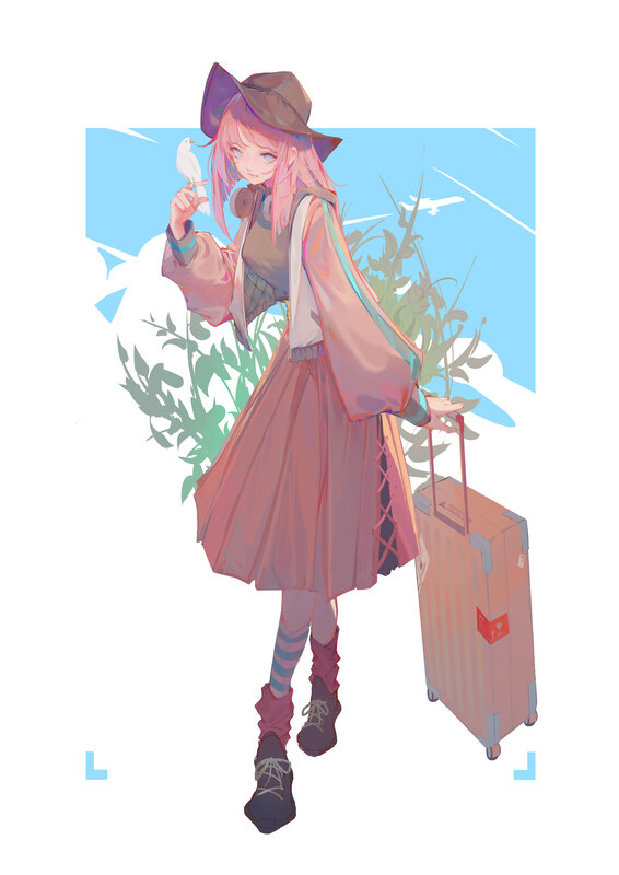Pink-haired Girl with Suitcase — Pink