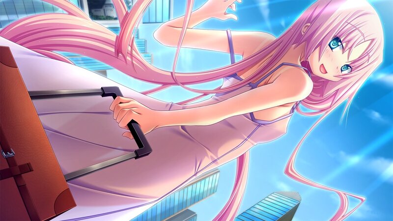 pink-haired girl with suitcase