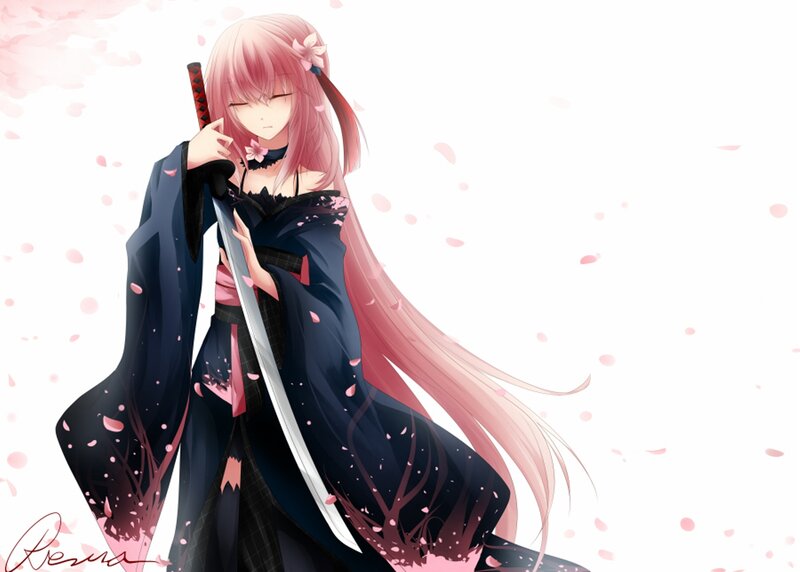Pink-haired Girl with Sword — Black, Serene