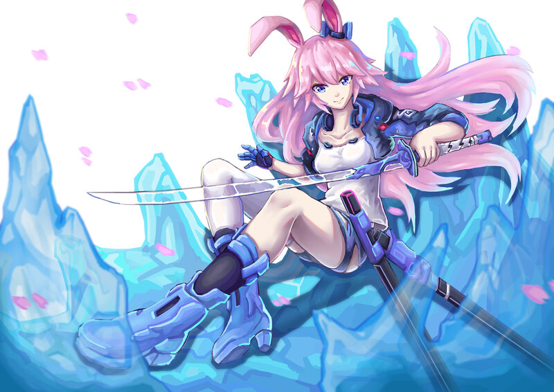 Pink-haired Girl with Sword — Blue, Calm
