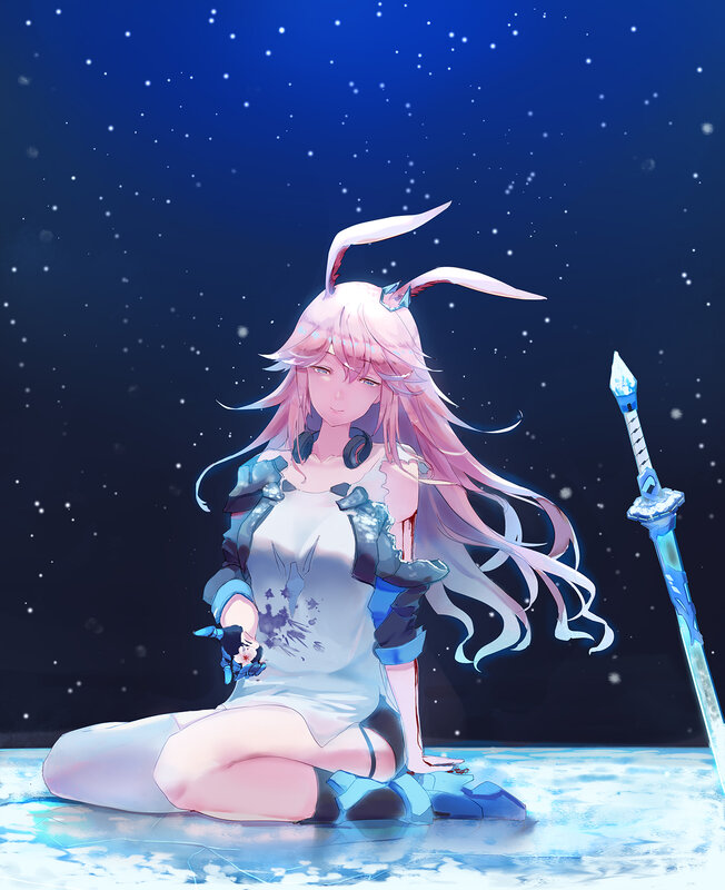 Pink-haired Girl with Sword — Blue, Dramatic, Night