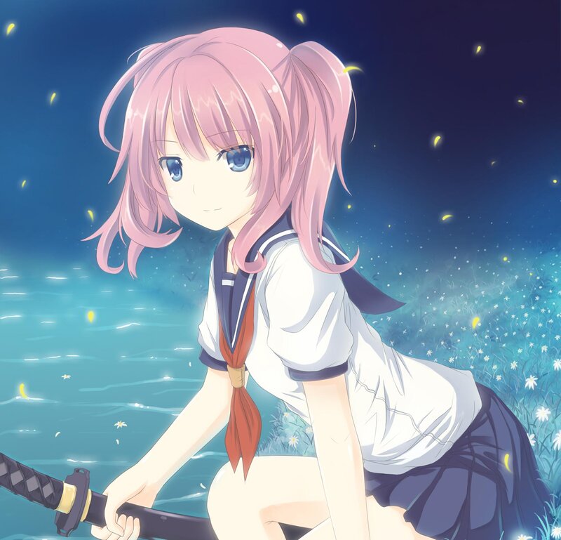 Pink-haired Girl with Sword — Blue, Serene