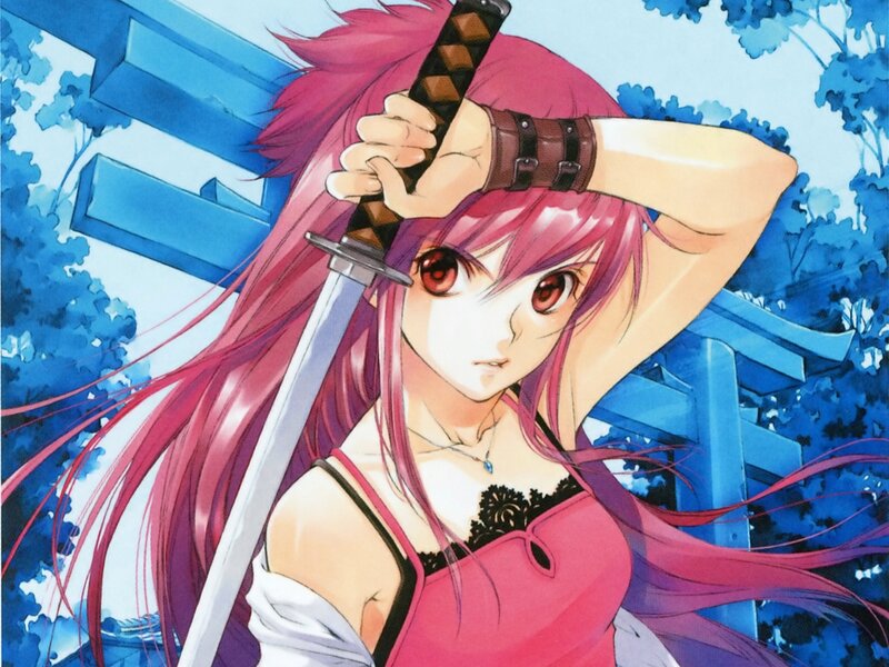 Pink-haired Girl with Sword — Pink, Dramatic, Afternoon