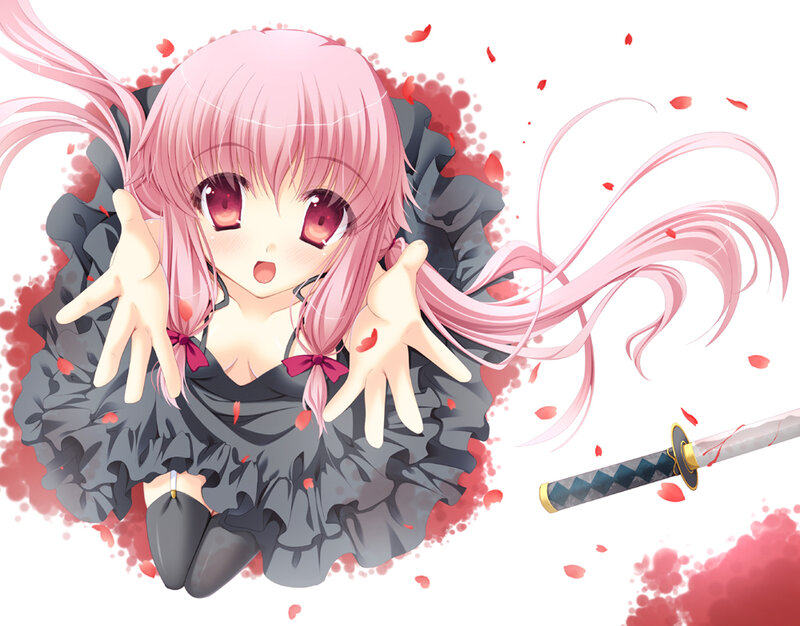 Pink-haired Girl with Sword — Pink, Dramatic, Anime, Petals