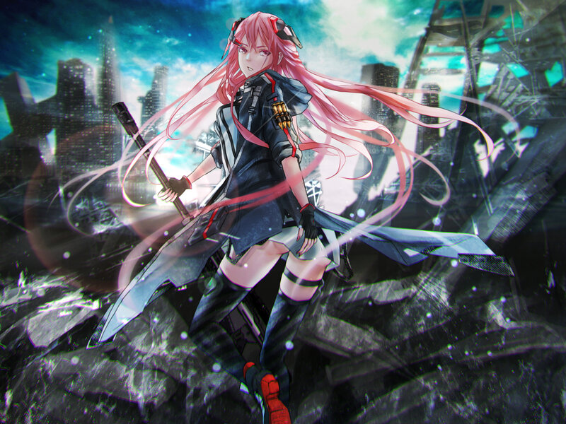 Pink-haired Girl with Sword — Pink, Dramatic, Night, Anime, City Ruins