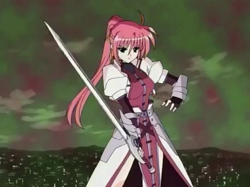 Pink-haired Girl with Sword — Pink, Dramatic, Night, Anime, Cityscape