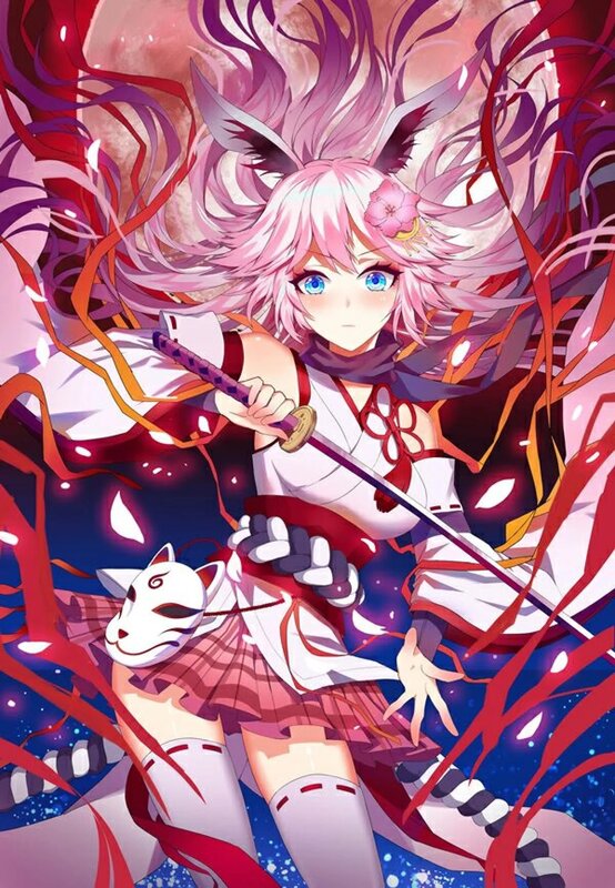Pink-haired Girl with Sword — Pink, Dramatic, Night, Anime, Fox Mask