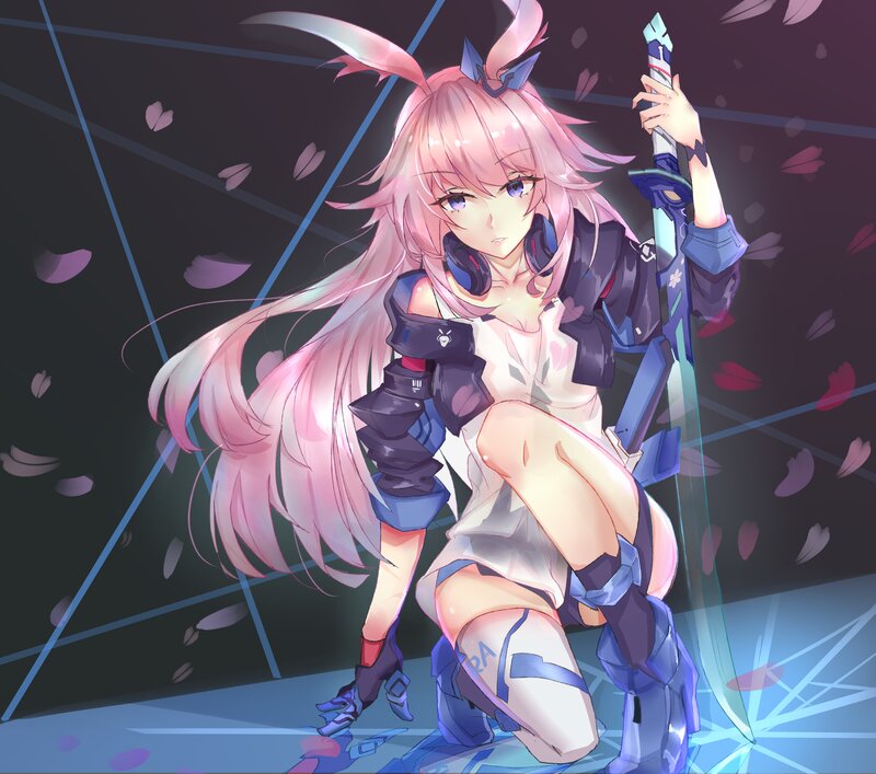 Pink-haired Girl with Sword — Pink, Dramatic, Night, Anime, Headphones