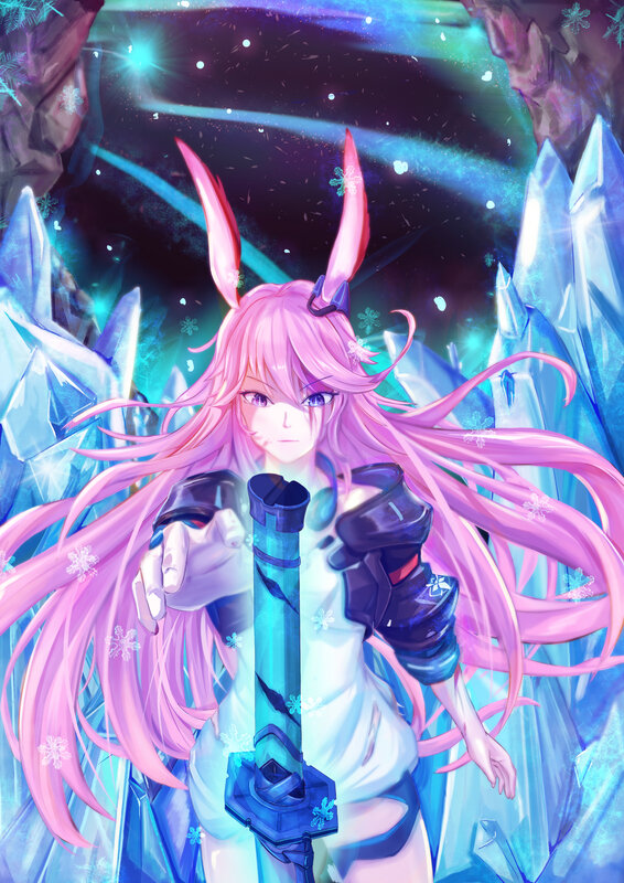 Pink-haired Girl with Sword — Pink, Dramatic, Night, Digital Art