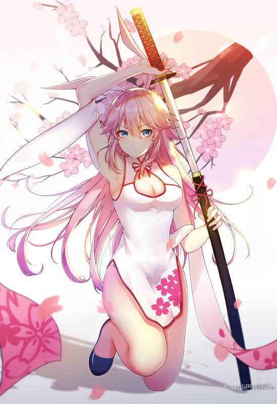 Pink-haired Girl with Sword — Pink, Serene, Spring, Anime, Cherry Blossoms, Kimono