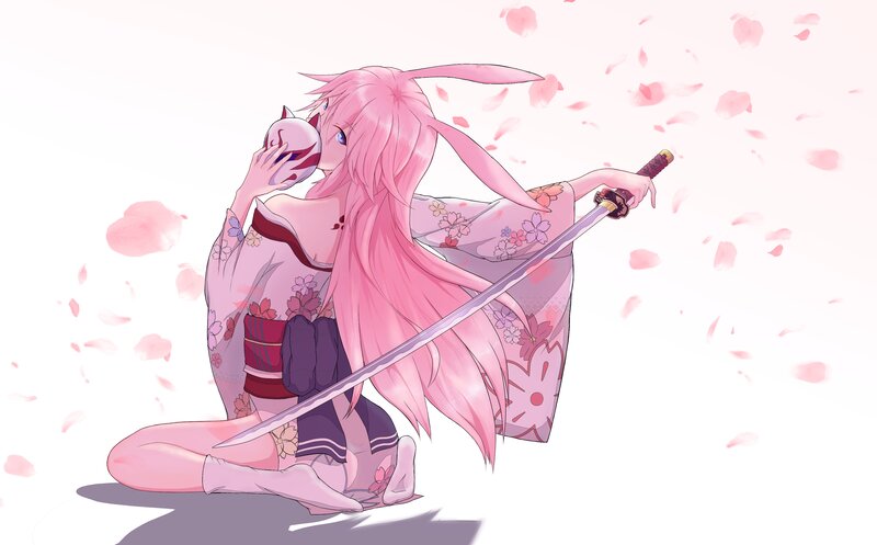 Pink-haired Girl with Sword — Pink, Serene, Spring, Anime, Kimono