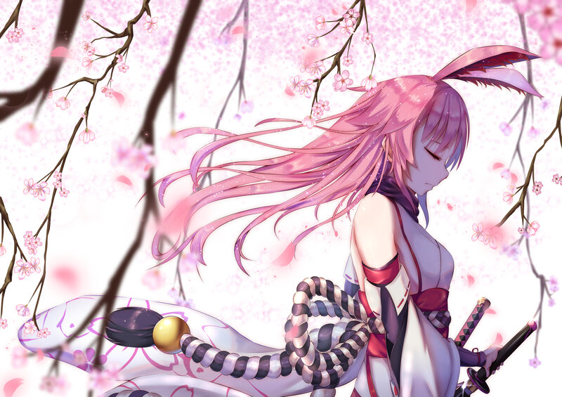 Pink-haired Girl with Sword — Pink, Serene, Spring, Anime, Sakura Blossoms