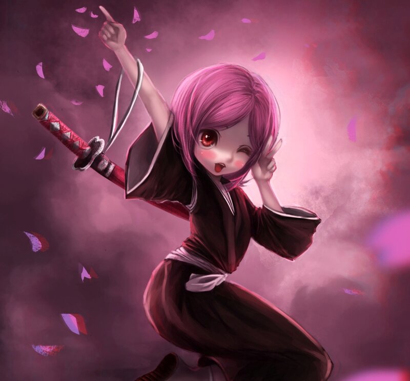 Pink-haired Girl with Sword — Purple, Dramatic, Digital Art