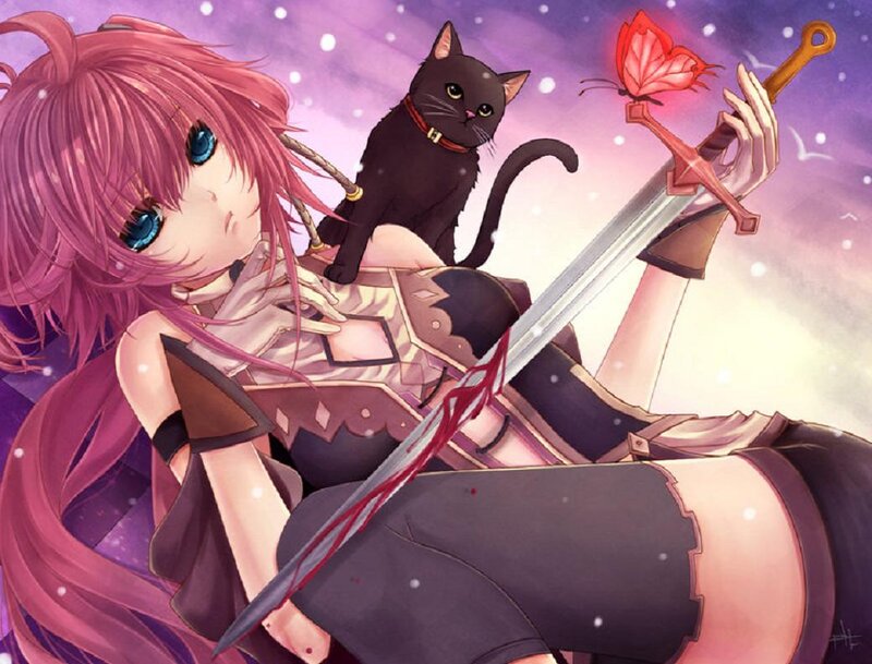 Pink-haired Girl with Sword — Purple, Dramatic, Night