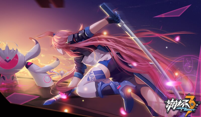 Pink-haired Girl with Sword — Purple, Dramatic, Sunset