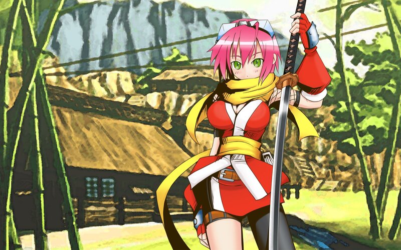 Pink-haired Girl with Sword — Red, Confident, Afternoon