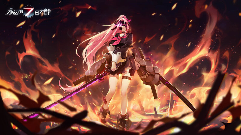 Pink-haired Girl with Sword — Red, Dramatic, Anime, Flames