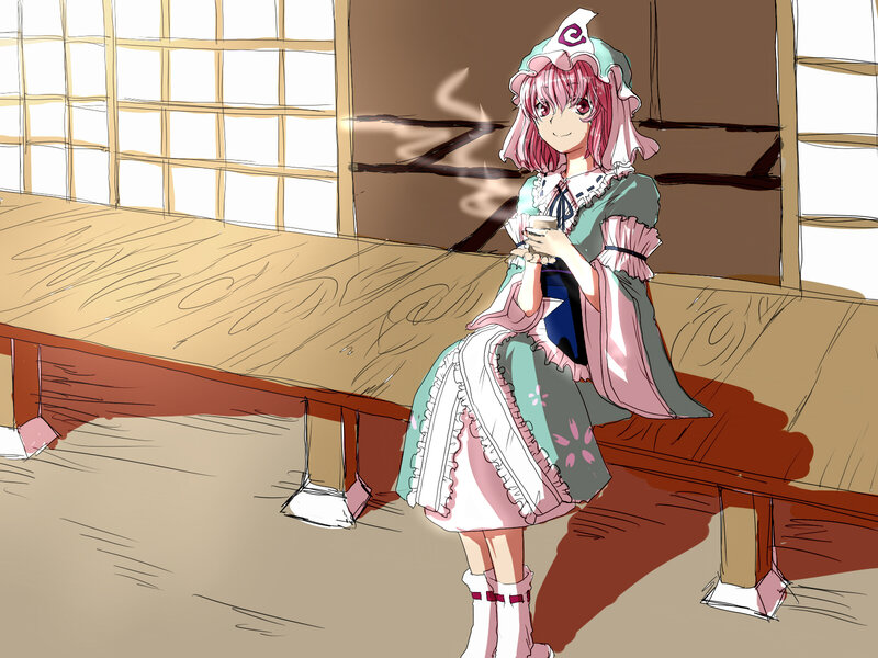 Pink-haired girl with tea