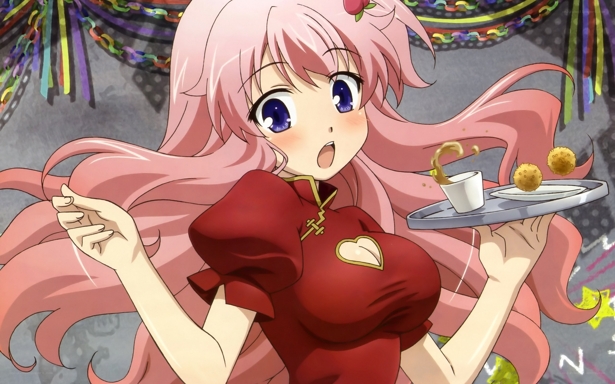 pink-haired girl with tray