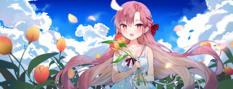 Pink-haired Girl with Tulips