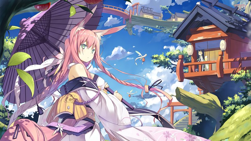 Pink-haired Girl with Umbrella — Blue, Serene, Afternoon, Anime, Fox Ears