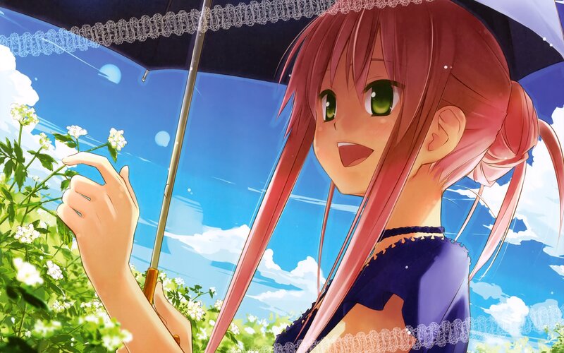 Pink-haired Girl with Umbrella — Blue, Serene, Afternoon, Anime