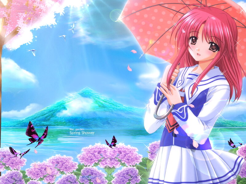 Pink-haired Girl with Umbrella — Blue, Serene, Spring, Anime, Butterflies