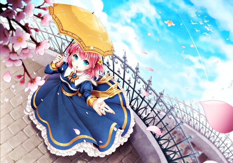Pink-haired Girl with Umbrella — Blue, Serene, Spring, Anime, Cherry Blossoms